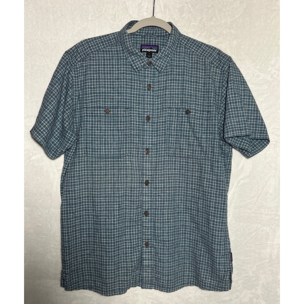 Patagonia Back Step Shirt Mens L Blue Check Hemp Blend Lightweight Sustainable